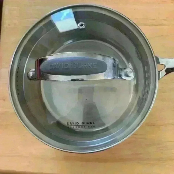 David Burke *Authentic* 2.5 QT Sauce Pan Pour Spouts & Strainer Glass Lid Steel - Picture 2 of 7